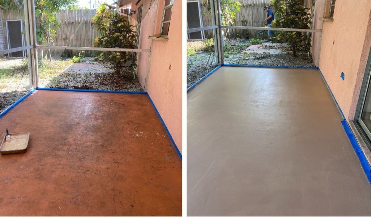 Before and after of a lanai concrete floor refinished and cleaned in South Florida