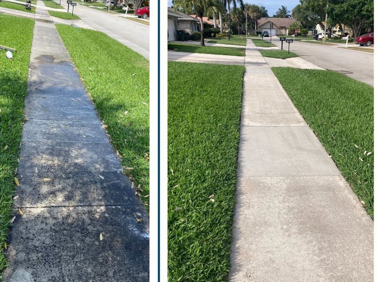 Before and after of a stained sidewalk professionally pressure washed in Boca Raton
